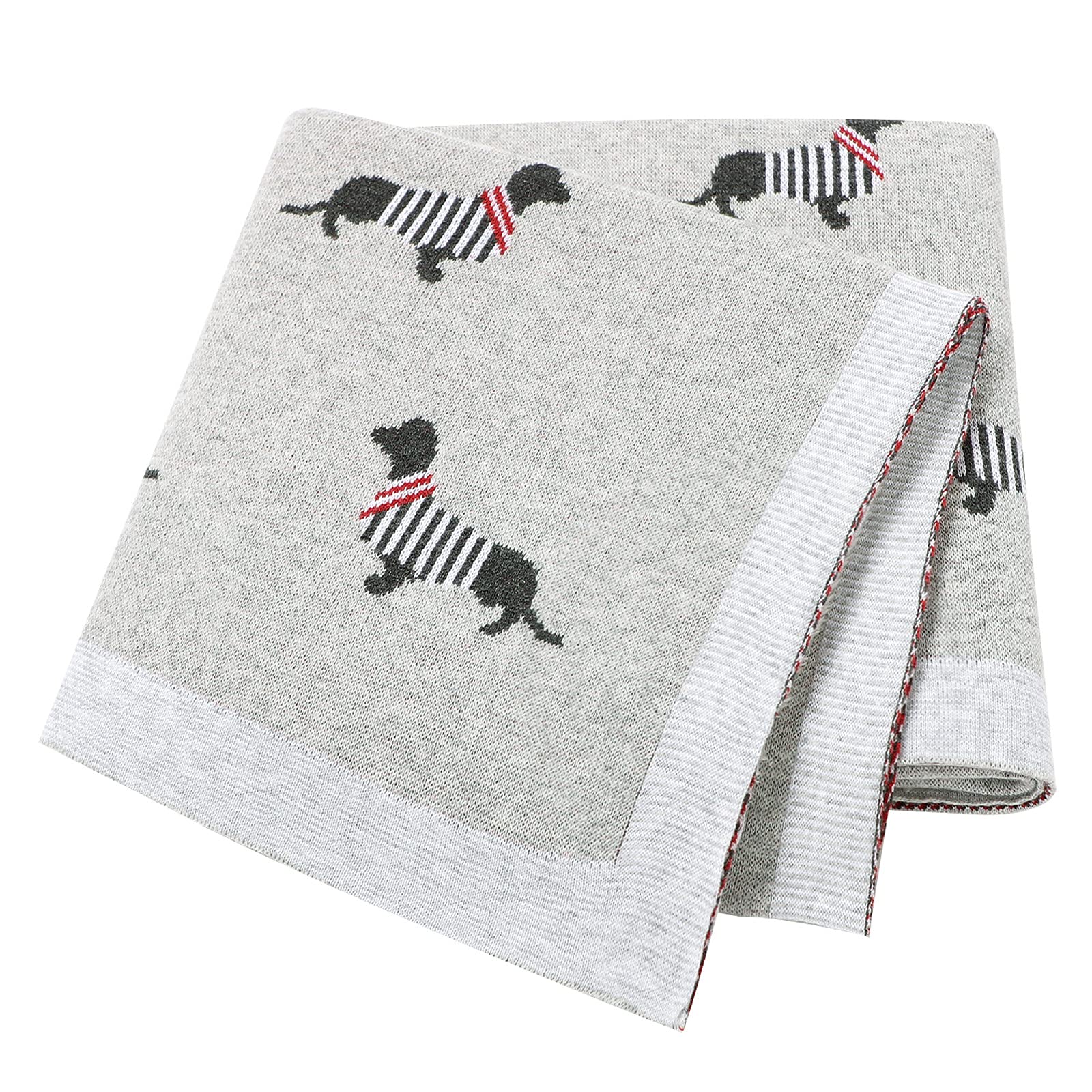 LAWKUL Baby Blanket Knitted 100% Cotton Soft Blankets for Newborn Boy Girls Sausage Dog Dachshund 100x80cm Grey