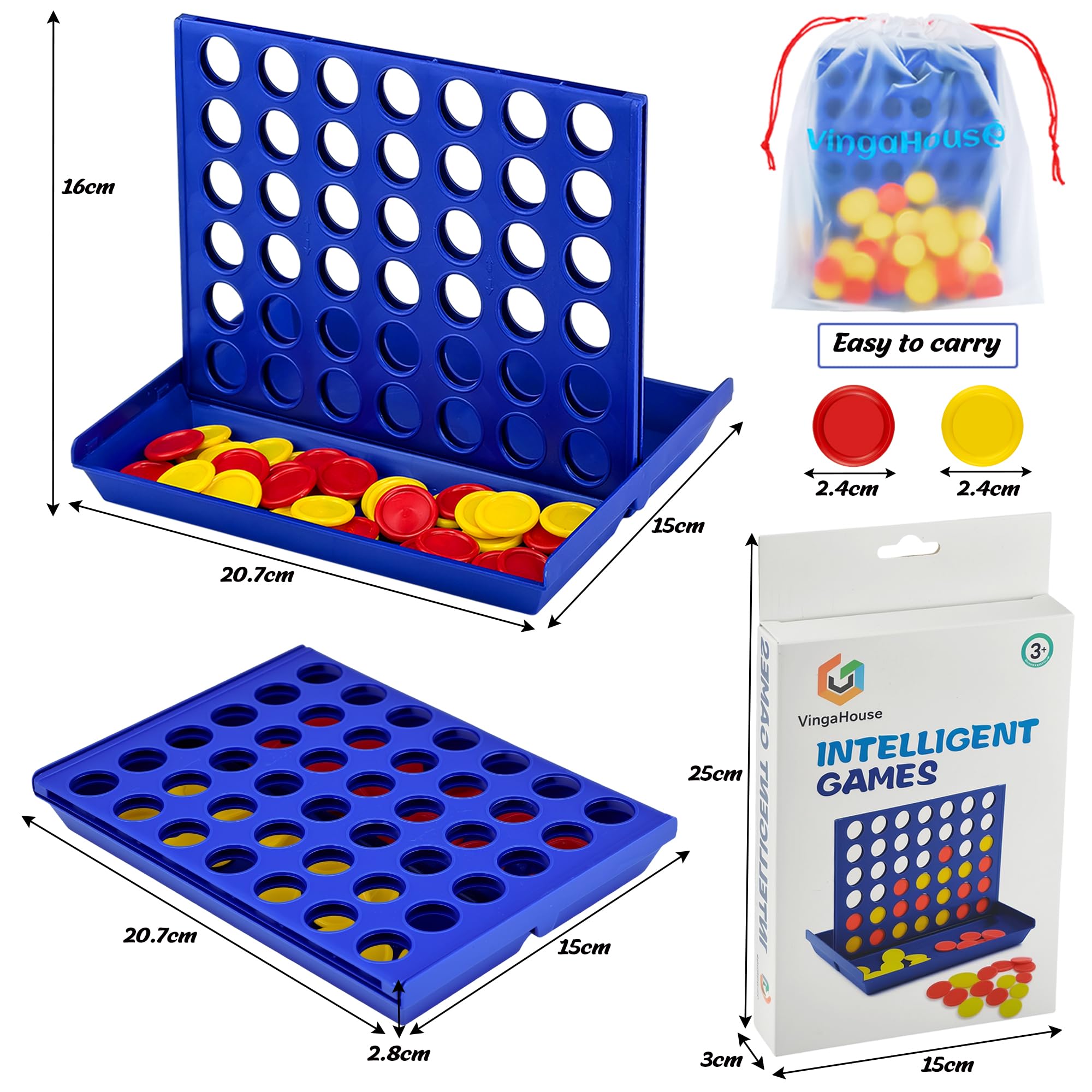 VingaHouse 4 in Einer Reihe Spiel, Strategiespiel für 2 Spieler, Familienspiel ab 3, 4, 5, 6 Jahren, Pädagogisches Lernspielzeug für Kinder und Erwachsene, Geschenkidee für Zuhause und Reisen (Groß) 7