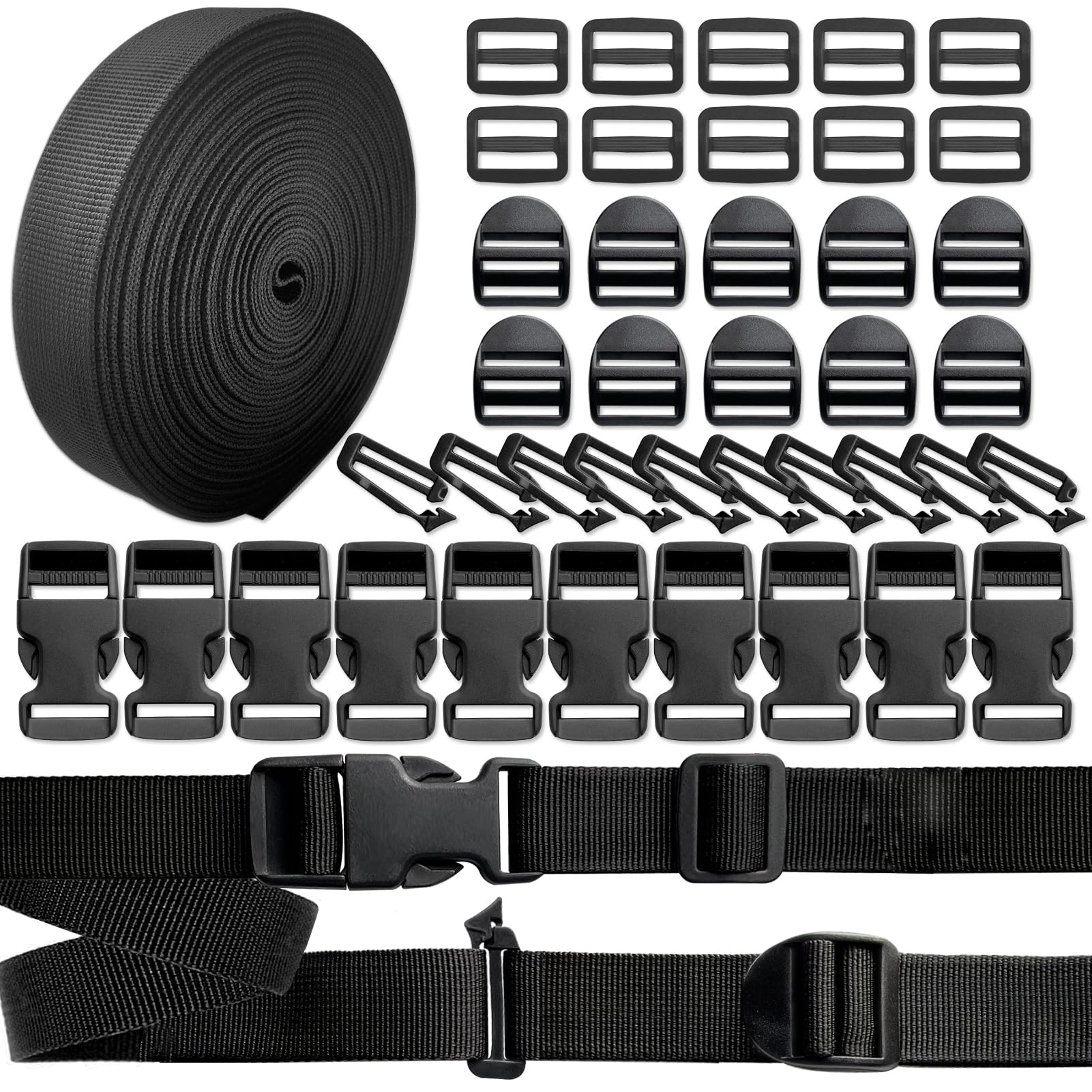 INLAZTIM Nylon Webbing With Buckle 25mm, 10 Yards Webbing With 10 Pairs Quick Release Buckles And Fasteners, Webbing Slider, Ladder Buckle Connector Clip For Backpack