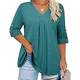 Kancystore Plus Size Tops for Women 3/4 Length Sleeve Shirts V Neck Tunic Blouses Spring Clothes