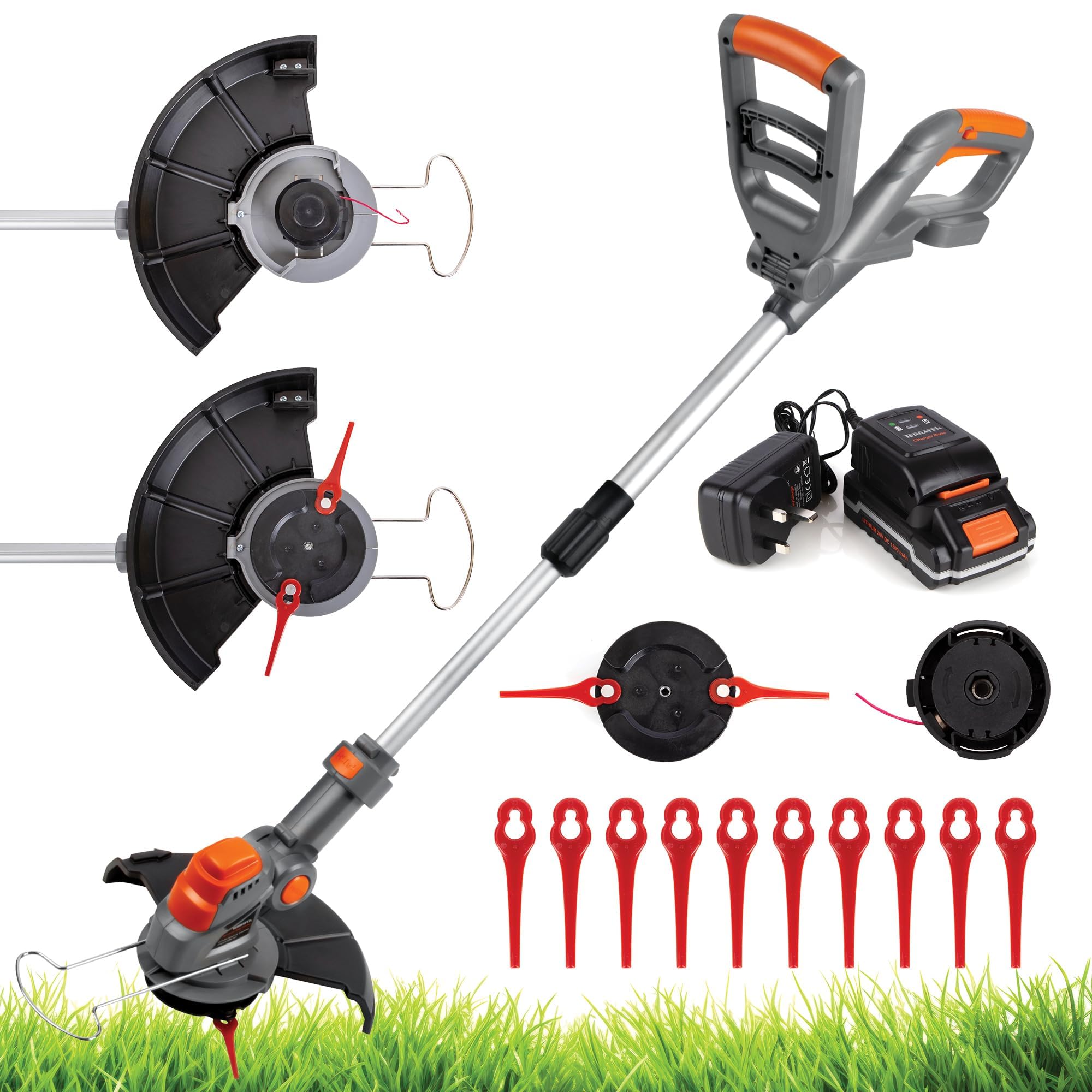 Terratek Cordless Strimmer 2-in-1, 20V 1HR Fast Charge Battery Garden Strimmer, Lightweight Grass Cutter Machine 12x Blades, 1x Nylon Spool, Cordless Grass Trimmer with 1x Battery & Charger Included