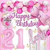 Gonngrun 21st Pink Birthday Party Decorations with Happy Birthday Banner,Love Balloons,Number Balloon 21,Butterfly Hanging Garland,Fringe Curtains for Girls Women 21st or 12th Birthday Party