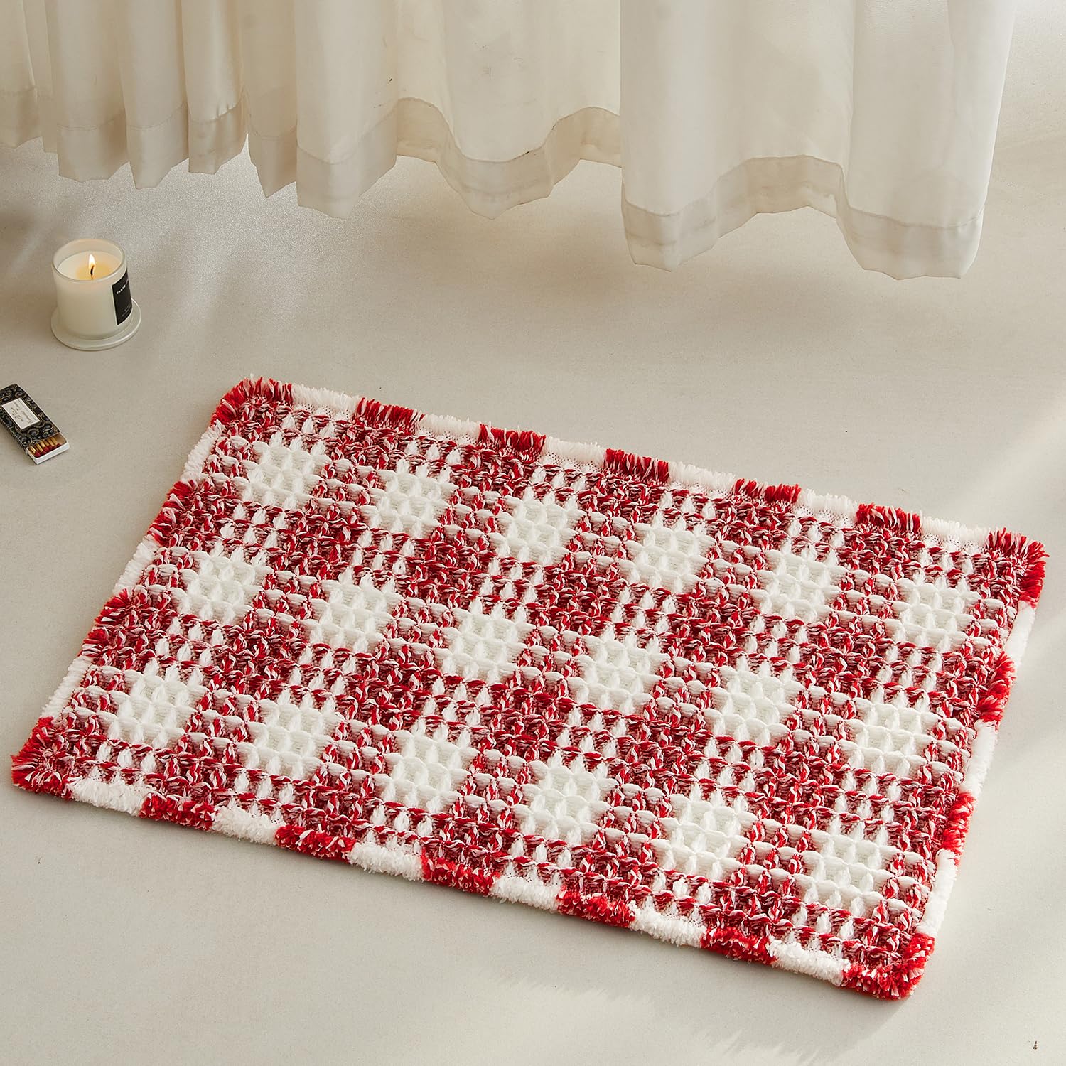 TYUU Waffle Bath Mat, Boho Christmas Bathroom Rugs Non Slip Washable Absorbent Checkered Bathroom Mat Quick Dry Cute Bath Mat, 24"x16" Red and White