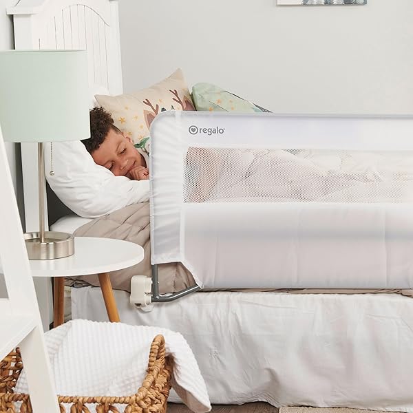 REGALO SAFETY 54” EXTRA LONG BED RAIL GUARD FOR TODDLERS, SWING DOWN TODDLER BED RAIL WITH REINFORCED ANCHOR SAFETY SYSTEM, 20” TALL BED SAFETY RAIL, FITS TWIN, FULL & QUEEN BEDS