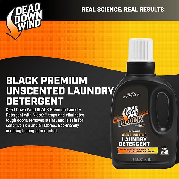 DEAD DOWN WIND BLACK PREMIUM UNSCENTED LAUNDRY DETERGENT (20 OZ) – SCENT ELIMINATING LIQUID DETERGENT FOR CLOTHING AND GEAR – DURABLE HUNTING SCENT ELIMINATORS – ADVANCED HUNTING GEAR