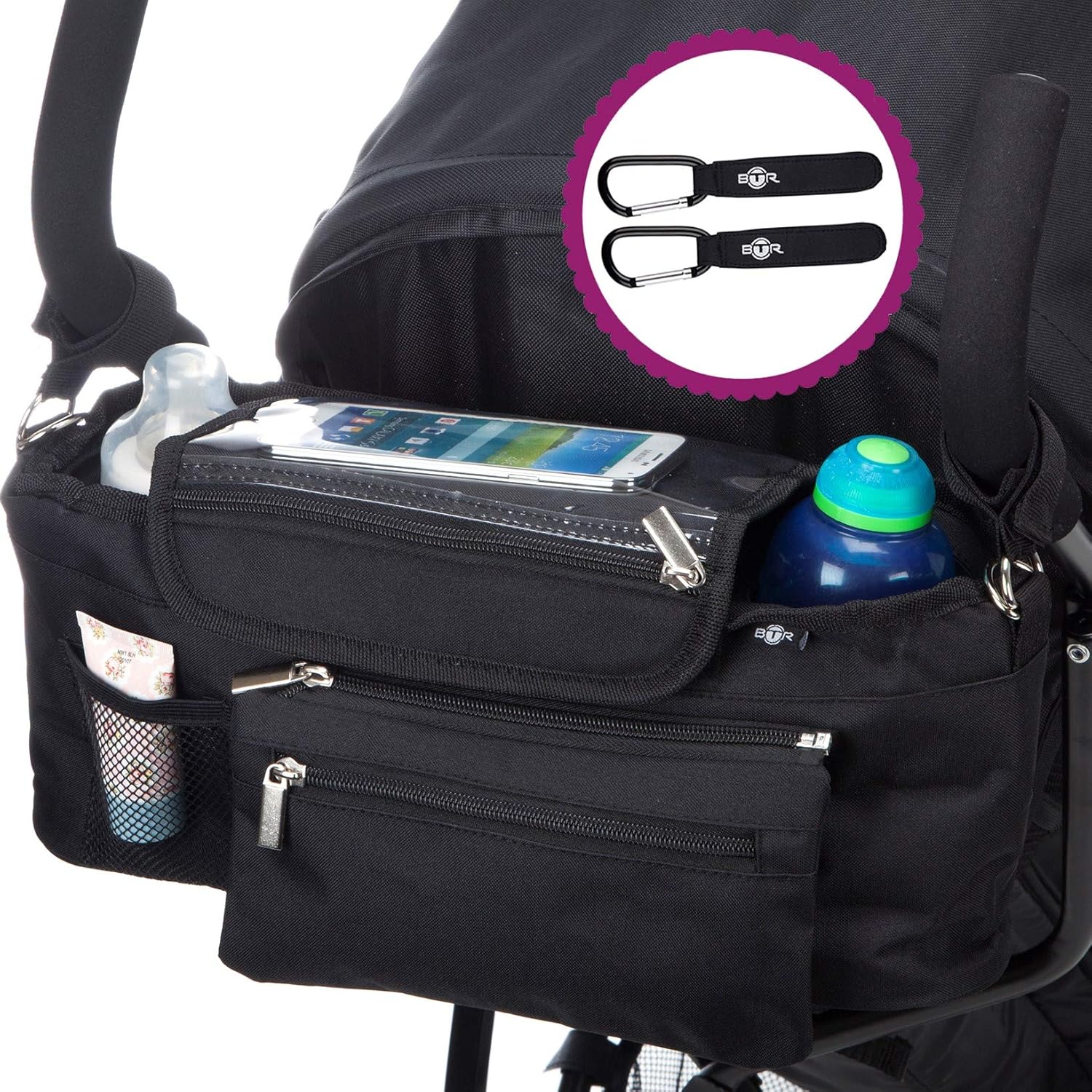 BTR Kinderwagen Organizer und Buggy Organizer oder Aufbewahrungstasche mit Reißverschlusstasche und Geldbeutel. Baby Kinderwagentasche, Organizer Kinderwagen PLUS Kinderwagen Clips x 2