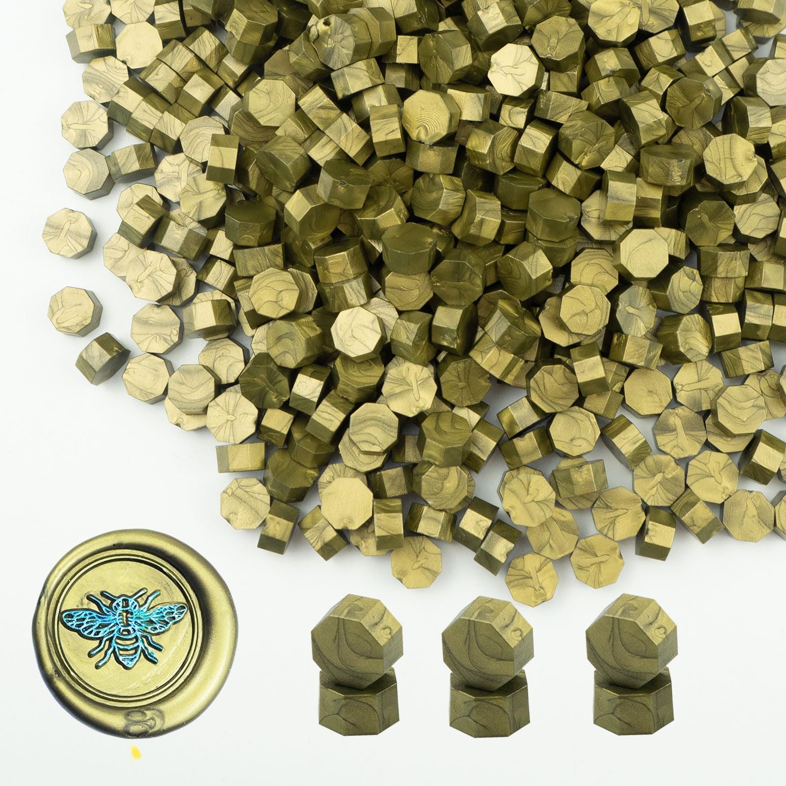 Wax Seal Beads, Ioggtser 500 PCS Octagon Sealing Wax Beads for Wax Seal Stamp, Wax Sealing Beads for Making Wax Seals for Wedding and Party Invitations (Greenish Gold)