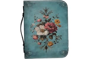 Bible Cases, Floral Bible Cover, Zippered Vintage Floral Print PU Case with Handle for Women and Girls, L