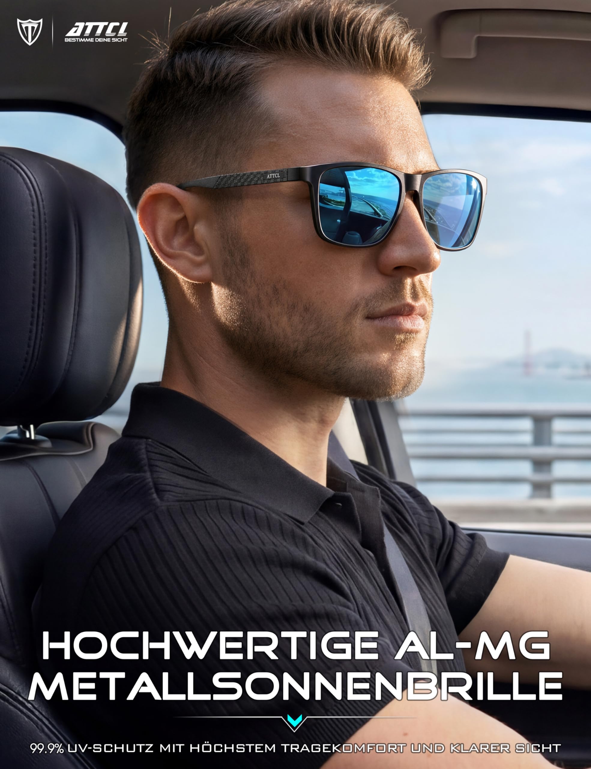 ATTCL Sonnenbrille Herren Polarisiert Für Autofahren: UV400 Schutz Leicht AL-MG Rahmen Verspiegelte Scheibe Wanderung Reise 8587 Schwarz Blau Verbessert 3