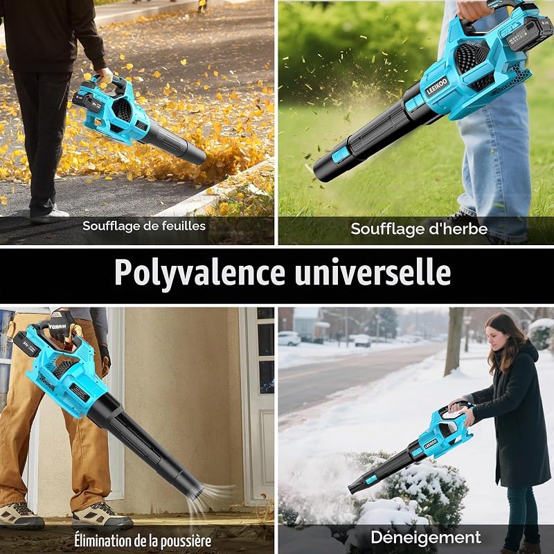 Souffleur Batterie, 21V Souffleur de Feuilles avec 2 Batteries 4,0Ah, 3 Vitesses, 2 Tubes de Soufflage, Sangle Souffleur à Batterie pour Nettoyage de Jardin
