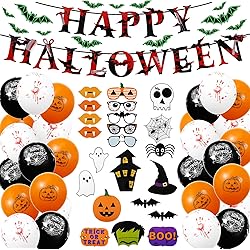 Homealexa Decoracion Halloween Casa, Bandera Banderinas de Globos Happy Halloween, Guirnaldas Calabaza y Arañas,Photocall de Halloween Fotomaton,Globos Negros Y Naranjas con Fantasmas