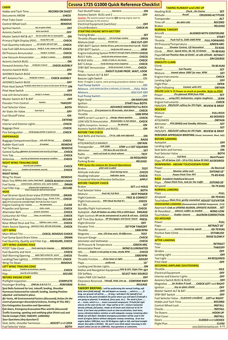 Cessna 172S G1000 Extended Quick Reference Checklist - Reference Checklist for Pilots, Flight Training, Pilot Training and Aviation Enthusiasts - A4 Size - Laminated