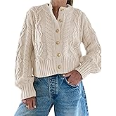 Watashi Women Sweater Casual Button Up Cable Knit Long Sleeve Fall Cropped Cardigan Crewneck Chunky Knitted Sweaters