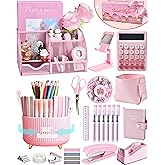 LXEVIHK 21Pcs Pink Desk Organizers and Accessories With Mesh Desk Organizer and 360°Rotating Pen Holder and a Lot of Office Pink Office Supplies Beautifully Presented in a Gift Box