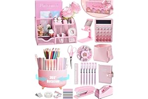 LXEVIHK Pink Desk Organizers and Accessories With Mesh Desk Organizer and 360°Rotating Pen Holder and a Lot of Office Pink Office Supplies Beautifully Presented in a Gift Box Christmas Gifts