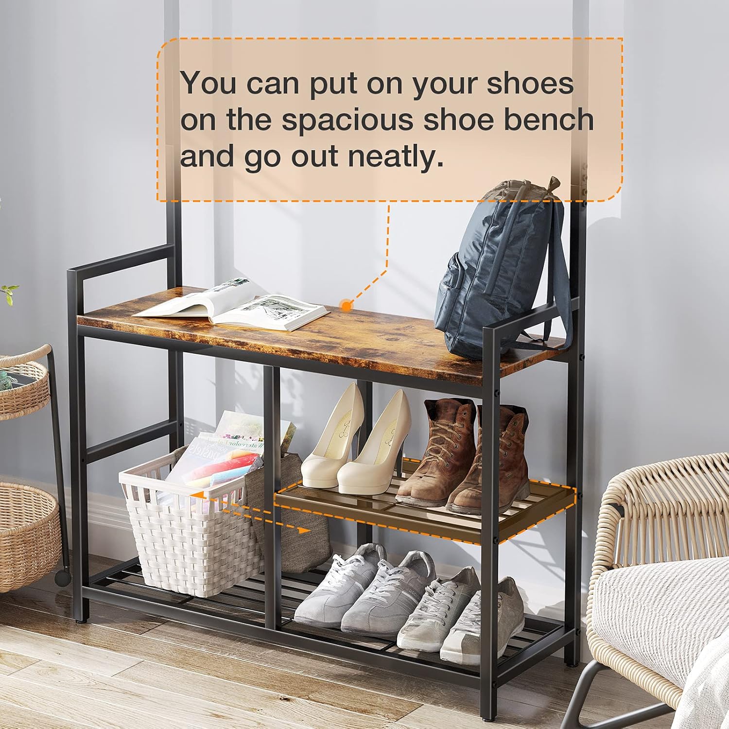 ODK 3 in 1 Hall Tree Coat Rack and Shoe Bench Entryway Storage Shelves, Multipurpose Furniture Organizer with Industrial Design Metal Frame, Rustic Brown: Home Improvement