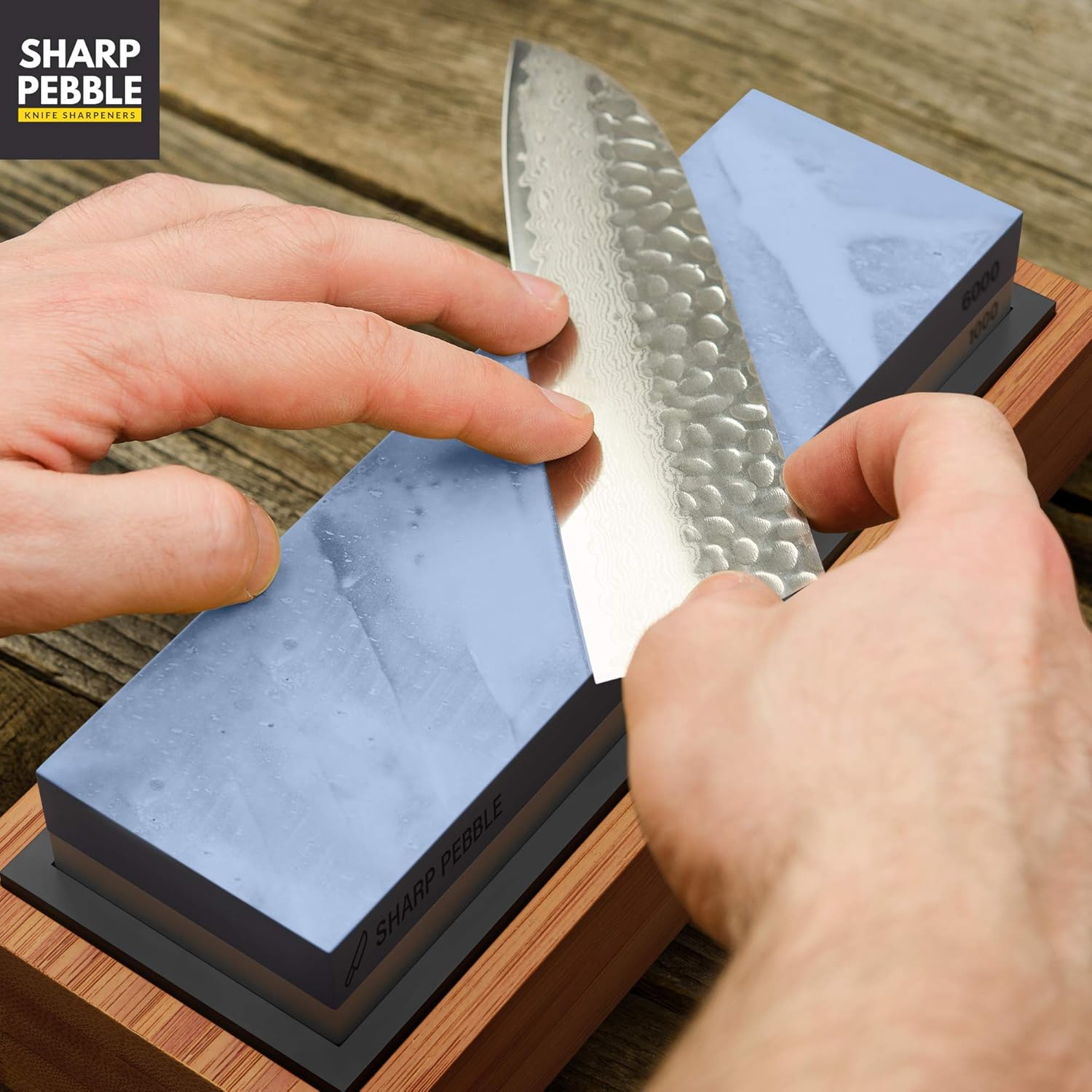 Sharp Pebble Premium Whetstone Knife Sharpening Stone 2 Side Grit 1000/6000 Waterstone- Whetstone Knife Sharpener- NonSlip Bamboo Base & Angle Guide - - 