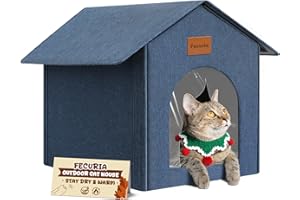 Fecuria Outdoor Cat House Weatherproof, Insulated Cat Houses for Outdoor/Indoor Cats for Winter, Waterproof Feral Stray Cat Shelter with Door Curtain and Warm Cushion, Easy to Assemble, Navy Blue