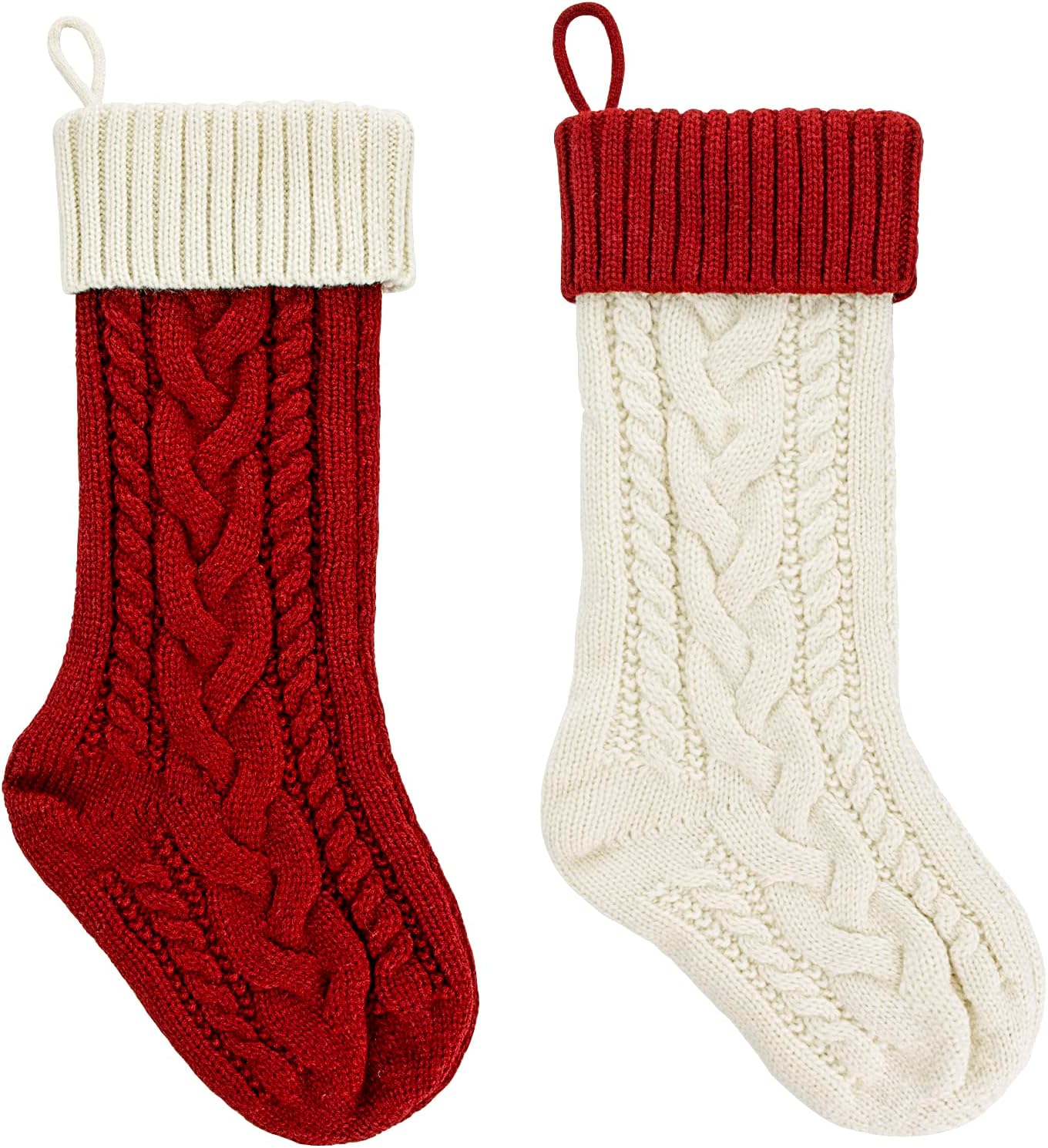 Stockings & Holders - PETOX 18 Inches Large Size Christmas Stockings Cable Knitted Christmas Stocking Large Fireplace Stockings for Family Holiday Christmas Decorations (Lvory/Burgundy, Pack of 2)