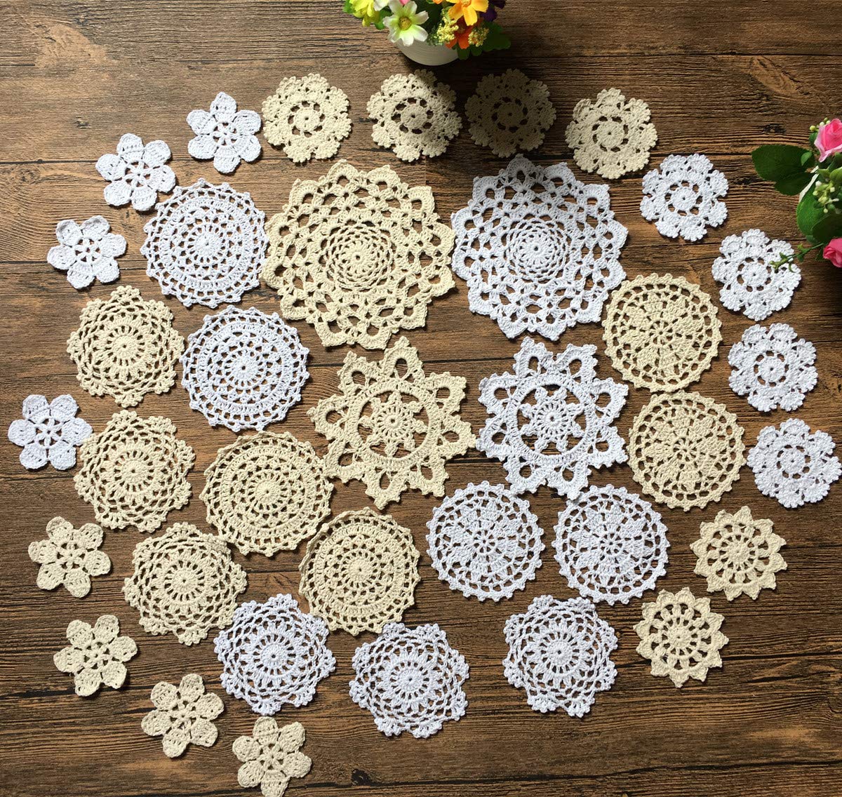 MINDPLUS Set of 36 Mini Hand Crochet Doilies Small Cotton Crocheted Lace Doilies Table Placemat 3-6 Inches Snowflake Style White Beige Vintage Wedding Decorate Hight Tea