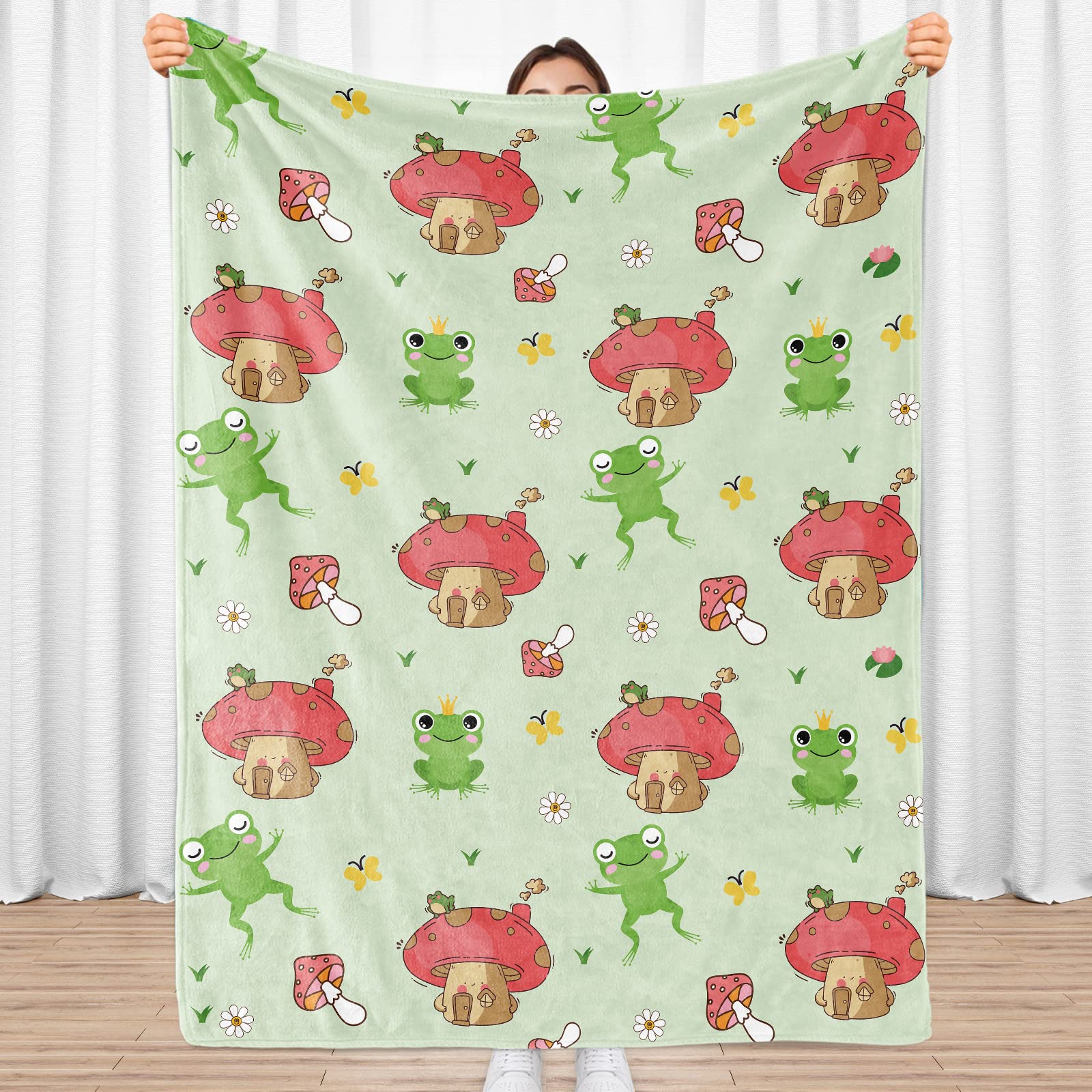 Sowide Mushroom Blanket, Cartoon Blanket Throw Gifts for Mushroom Lovers, Soft Lightweight Mushroom Frog Flannel Blanket, Green Cozy Fuzzy Plush for Boys Girls, Sofa, Bed, Living Room, Office, 40"x50"
