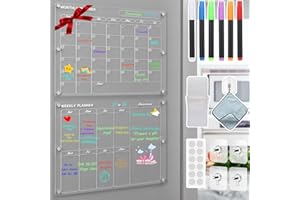 BYMECOST Magnetic Acrylic Calendar for Fridge, 2 Pcs Clear Acrylic Calendar Dry Erase Reusable Planning Boards of Monthly & Weekly, Includes 6 Colors Highlight Markers/Magnetic Pen Holder/Towel/Hook (16x12in)