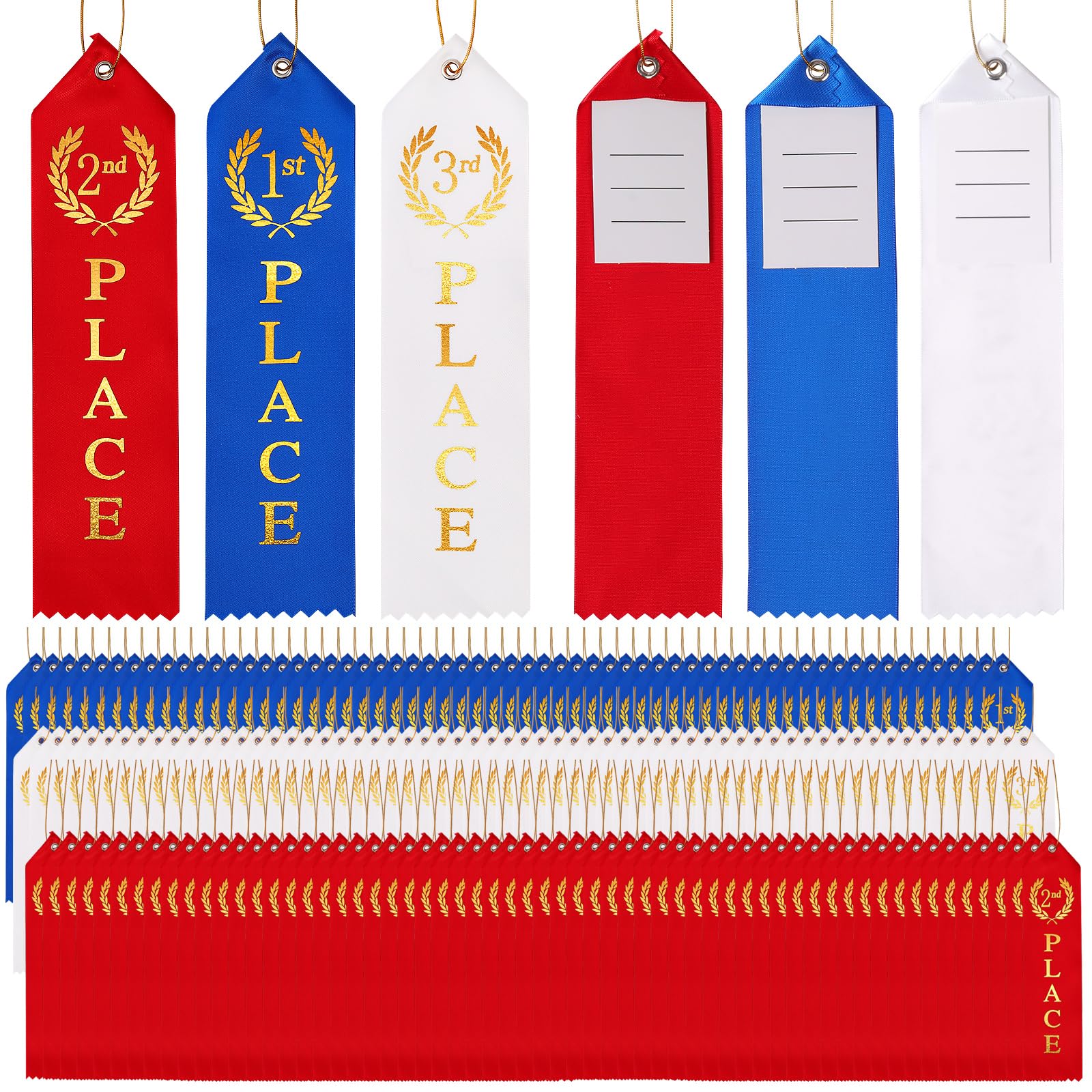 Photo 1 of 300PCS Award Ribbons, Medal Ribbons for 1st, 2nd, 3rd Place, Event Card & Rope Included,Perfect for Competitions, Sports Events, School Challenges, Vibrant Blue, Red, and White