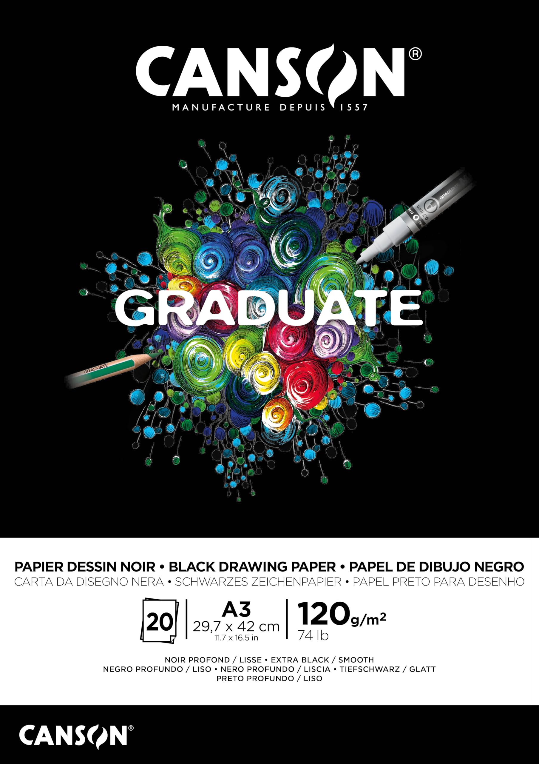 CANSON Graduate Black Drawing 120gsm A3 Paper, Smooth, Pad Glued Short Side, 20 Black Sheets, For Student Artists