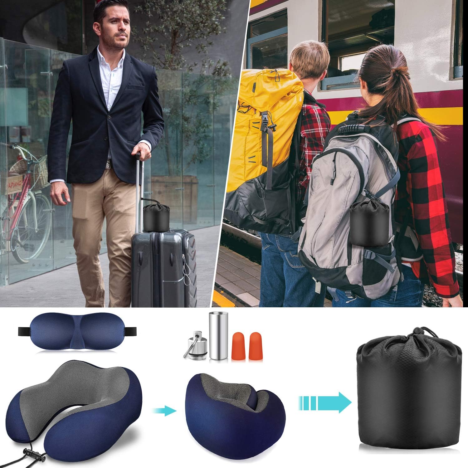 Travel Pillow 100% Pure Memory Foam Neck Pillow,Comfortable&Breathable Cover,Machine Washable,360° Neck&Head Support Pillow Travel Kits with 3D Sleep Mask/Earplugs/Luxury Bag,Great for Airplane/Travel: Kitchen & Dining