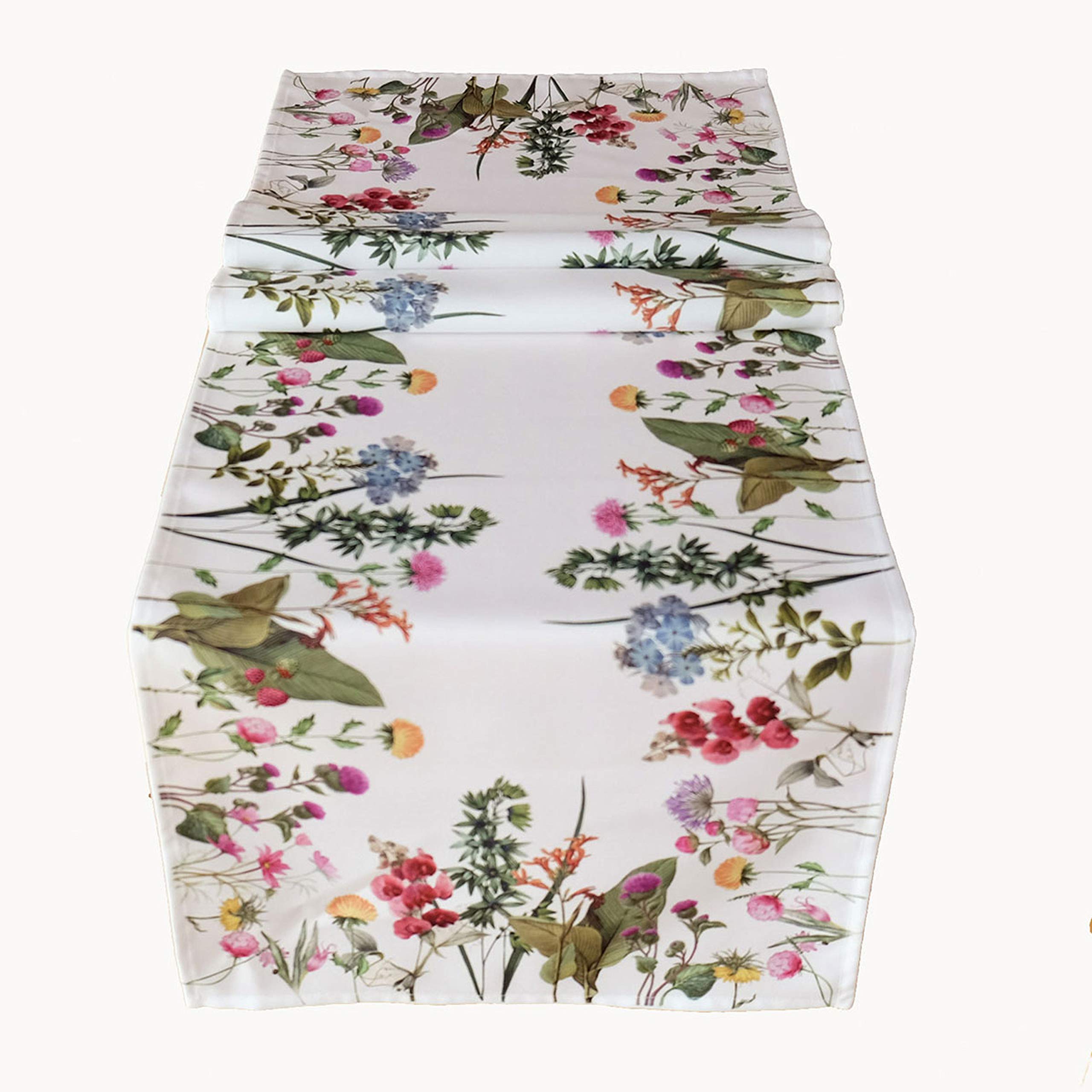 Raebel Table Runner – White with Print Motif Summer Flowers Easter Spring (40 x 140 cm)
