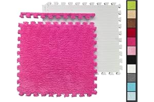 HUIDUO 12 Pcs Shaggy Interlocking Foam Carpet Tiles - 12" x 12", 12 Sq,Ft Kids Carpet Squares Protective Floor Mats Crawling Exercise Area Rugs for Children Room, Home or Classroom Use, Hotpink
