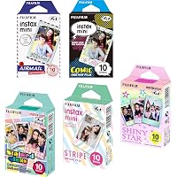 Fujifilm Instax Mini 5 Pack Bundle Includes Stained Glass, Comic, Stripe, Shiny Star, Airmail. 10 sheets X 5 Pack = 50 Sheets.