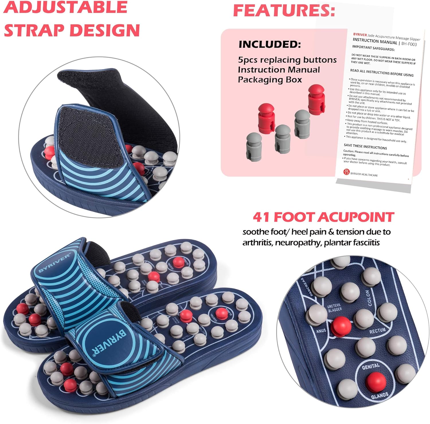 BYRIVER Reflexology Foot Massager Tools, Acupressure Massage Slippers Shoes Sandals Mat for Men Women, Acupuncture Stimulation Relief Plantar Fasciitis Heel Arch Arthritis Neuropathy Pain (05M): Health & Personal Care