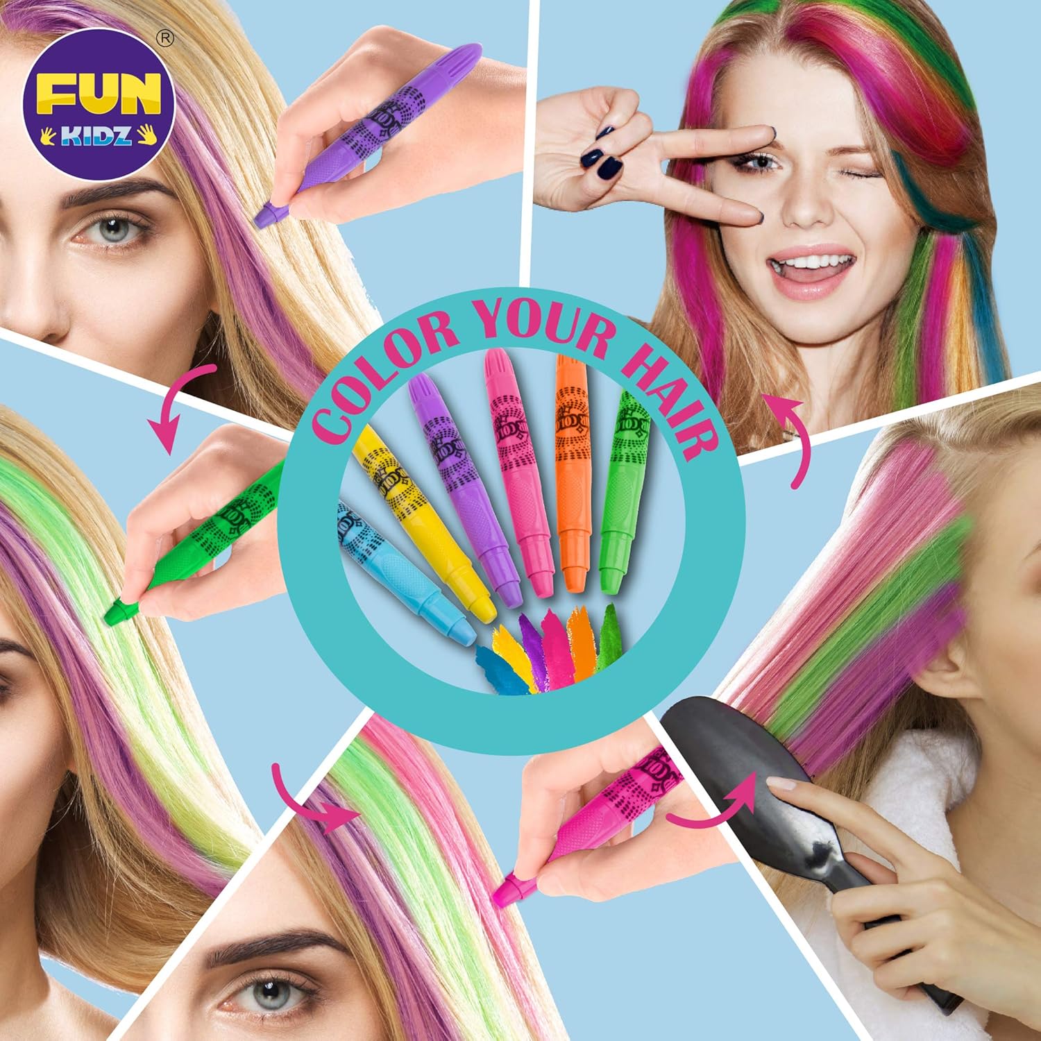 Hair Color and Nail Art Combo Kit for Girls, Funkidz Peel-off Nail Polish 3 Colors and 6 Colors Hair Chalks Ultimate Set Ages 8+ Suitable for Party Cosplay Halloween Christmas: Beauty