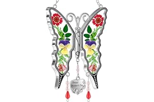 KY&BOSAM Gifts for Mom Butterfly Suncatcher Happy Mothers Day Stained Glass Sun Catchers for Windows Hanging Wind Chime Home Decor with Pressed Real Flowers and Heart Charm Gift for Women Mother`s Day