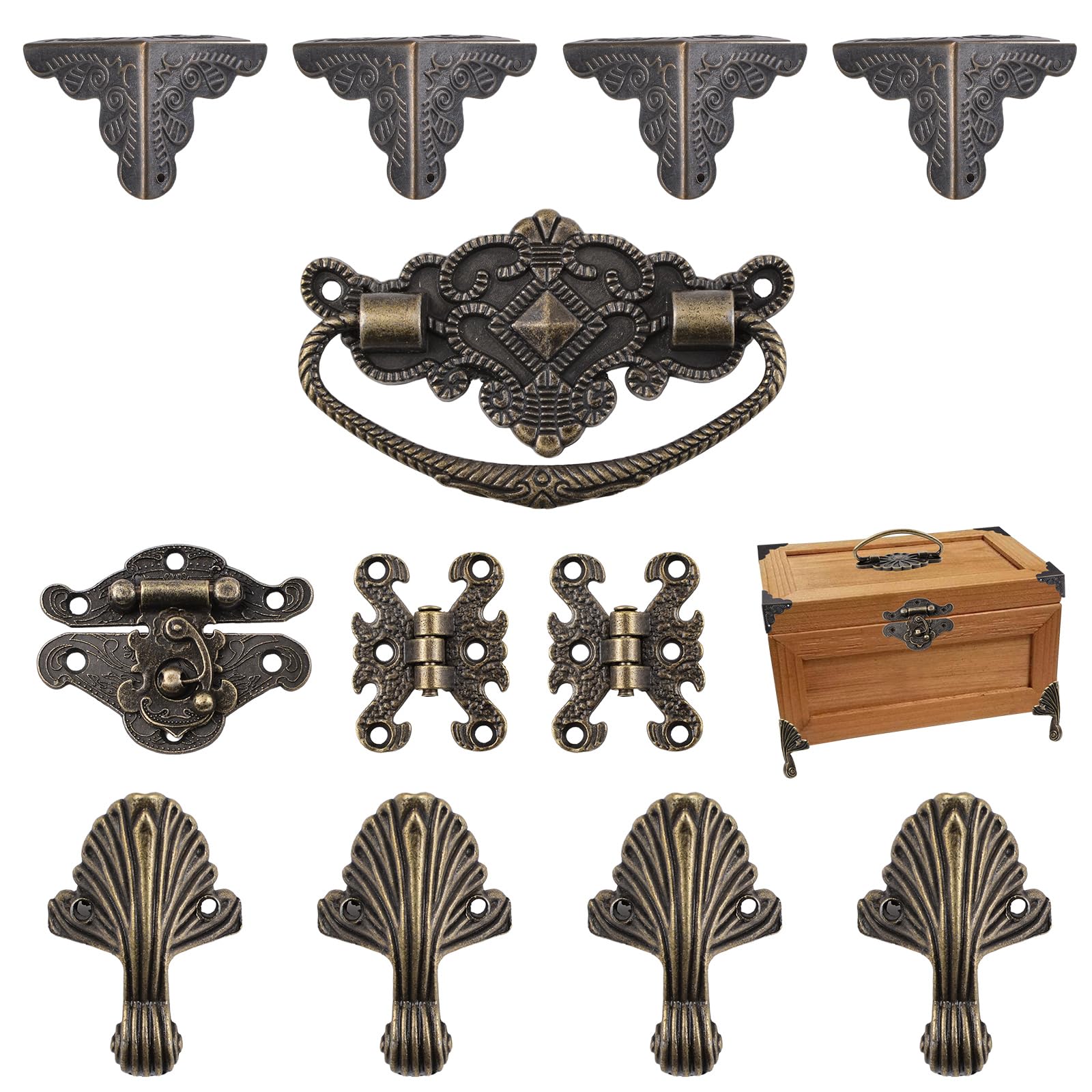MOROBOR Retro Antique Lock Hasp Hinges Box Corner Protectors Kit - DIY Jewelry Chest Storage Bronze Wood Case Feet Leg Corner Protector