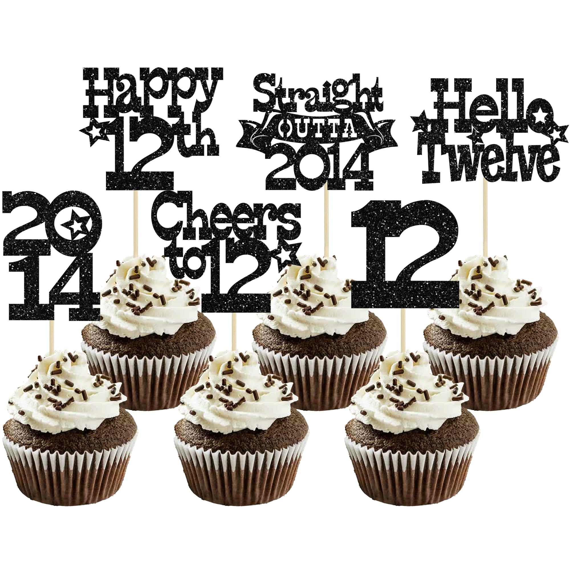 Ephlyn 30Pcs Straight Outta 2014 Cupcake Toppers Glitter Twelve Happy 12th Birthday Cupcake Picks Cheers to 12 Years Cake Decorations for 12th Birthday Party Supplies Black