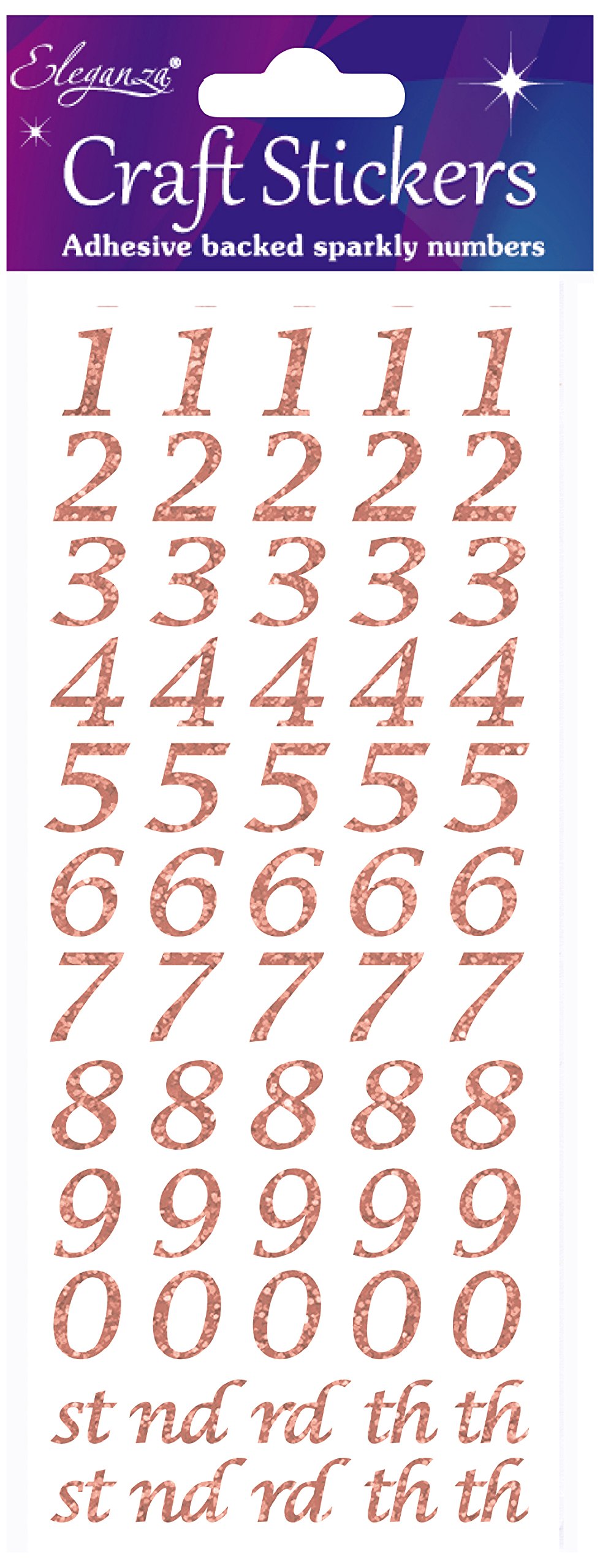 Eleganza OA027241 Stylised Number Glitter Craft Stickers - Rose Gold Self Adhesive Numbers