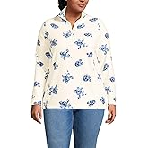 Lands' End Womens Anyweather Quarter Zip Fleece Pullover Print Ivory/Clear Blue Tossed Floral Plus 2X