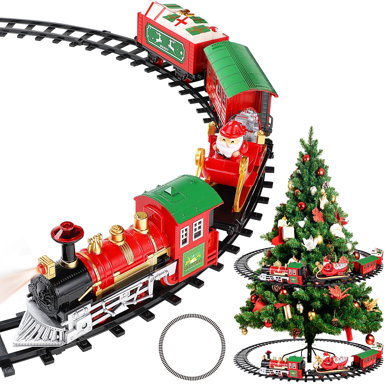 Photo 1 of Train Set - Christmas Train Set Around & Under The Tree, Electric Train Set with Light & Sound, Battery Operated Kids Train Toys with Locomotive Engine Cars Tracks, Gift for Boys Girls