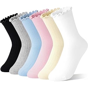 Ruffle Socks for Girls, White Cute Frilly Crew Dress Socks for Kids 6 Pairs | Frilly Ruffle Cute Cherry Bow Black White Gray
