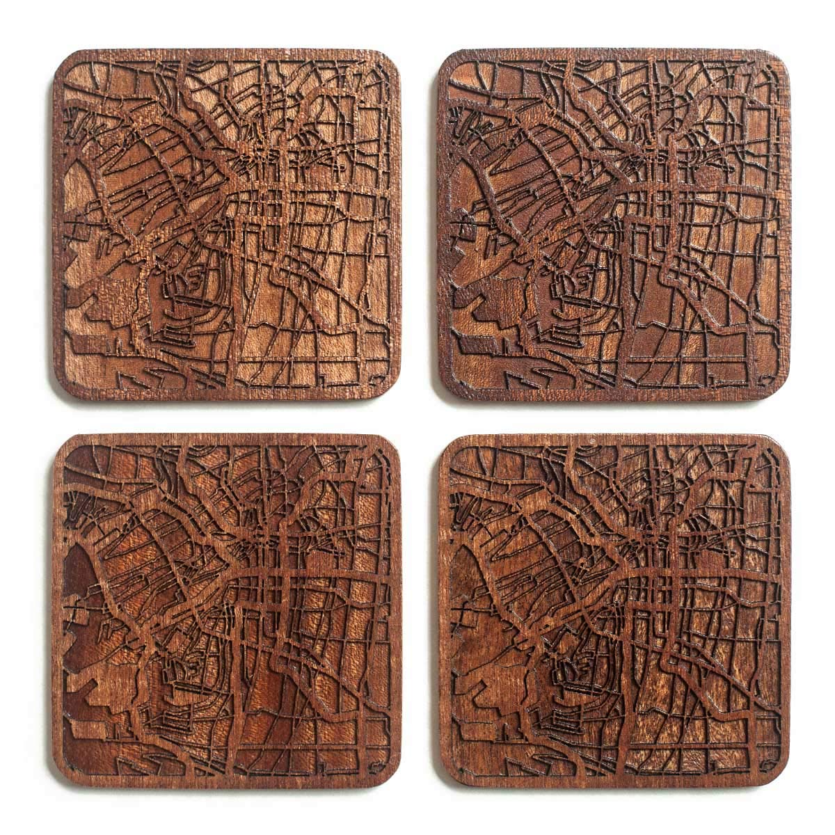 Osaka Map Coaster, Set of 4, Sapele Wooden Coaster with City map, Multiple City Optional, Handmade