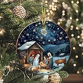 Nativity Night Ornaments Round Ceramic Silent Night Birth of Jesus Christ Ornament Christmas Keepsake Decor for Christmas Tree Winter Holiday Xmas Gift for Women Men Xmas Hanging Ornament 3"