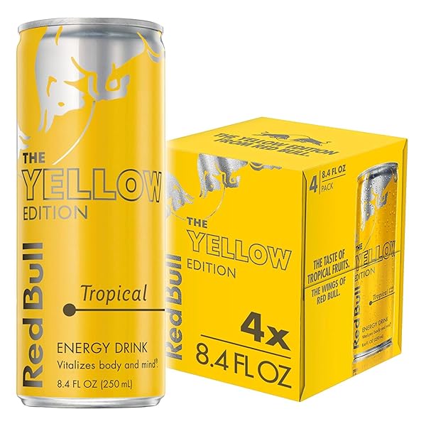 RED BULL YELLOW EDITION ENERGY DRINK, TROPICAL, WITH 80MG CAFFEINE PLUS TAURINE & B VITAMINS, 8.4 FL OZ, PACK OF 4 CANS