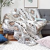 Luxlovery Bohemian Sofa Throw Blankets Ethnic Woven Boho Geometric White and Khaki Throw Blanket for Couch Aztec Bed Throws Oversized Chair Sofa Cover with Tassels(35"x59")