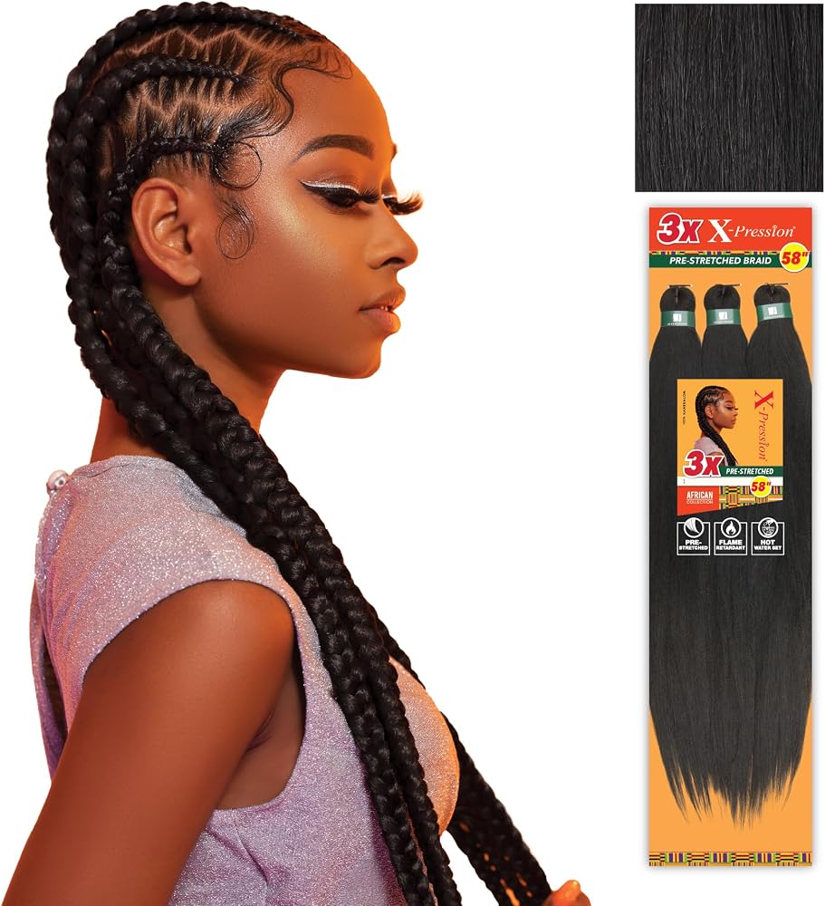 Sensationnel X-Pression Prestretched Braids-3X 58in,1pk 1B OFFBLACK | Braiding Hair,Kanekalon, Flame-Retardant, Synthetic, Bo