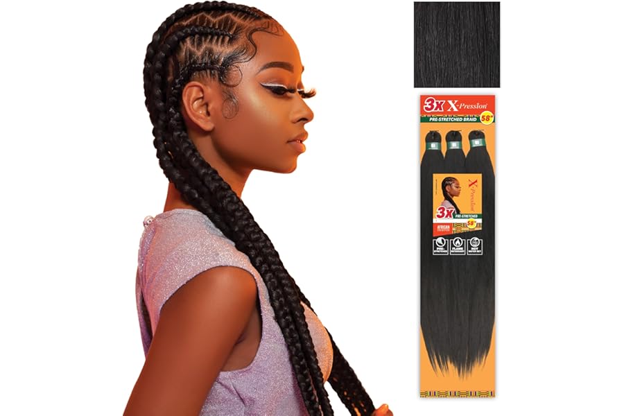 Sensationnel X-pression prestretched braiding hair – 3x braid 58 inch all kanekalon flame retardant synthetic braid for box braids and twists (1 pack, 1B OFFBLACK)