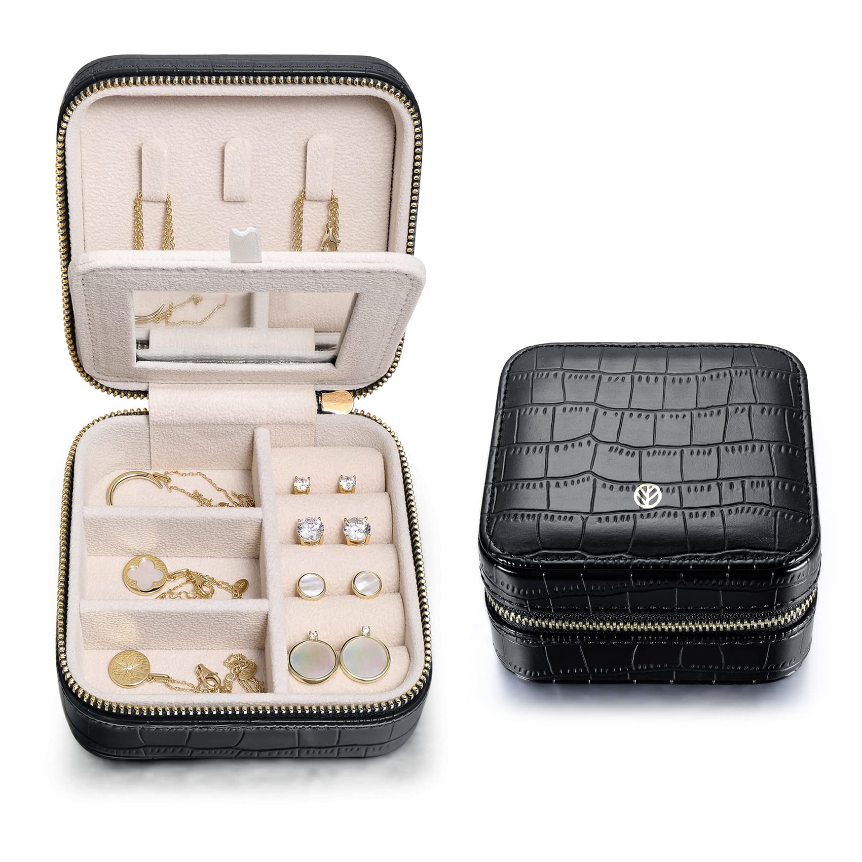 S.Leaf Travel Jewelry Organizer Boxes for Women Small Portable Necklace Earrings Bracelet Rings Travel Case Best Friend Birthday Gifts for Women Trendy (11_Pattern_Crocodile_Black_01)