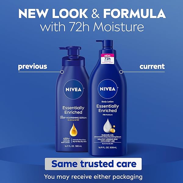 NIVEA ESSENTIALLY ENRICHED BODY LOTION FOR VERY DRY SKIN WITH HYALURONIC ACID, ALMOND OIL AND DEEP NOURISHING SERUM, 72-HOUR BODY MOISTURIZER, 16.9 FL OZ PUMP BOTTLE, PACK OF 2