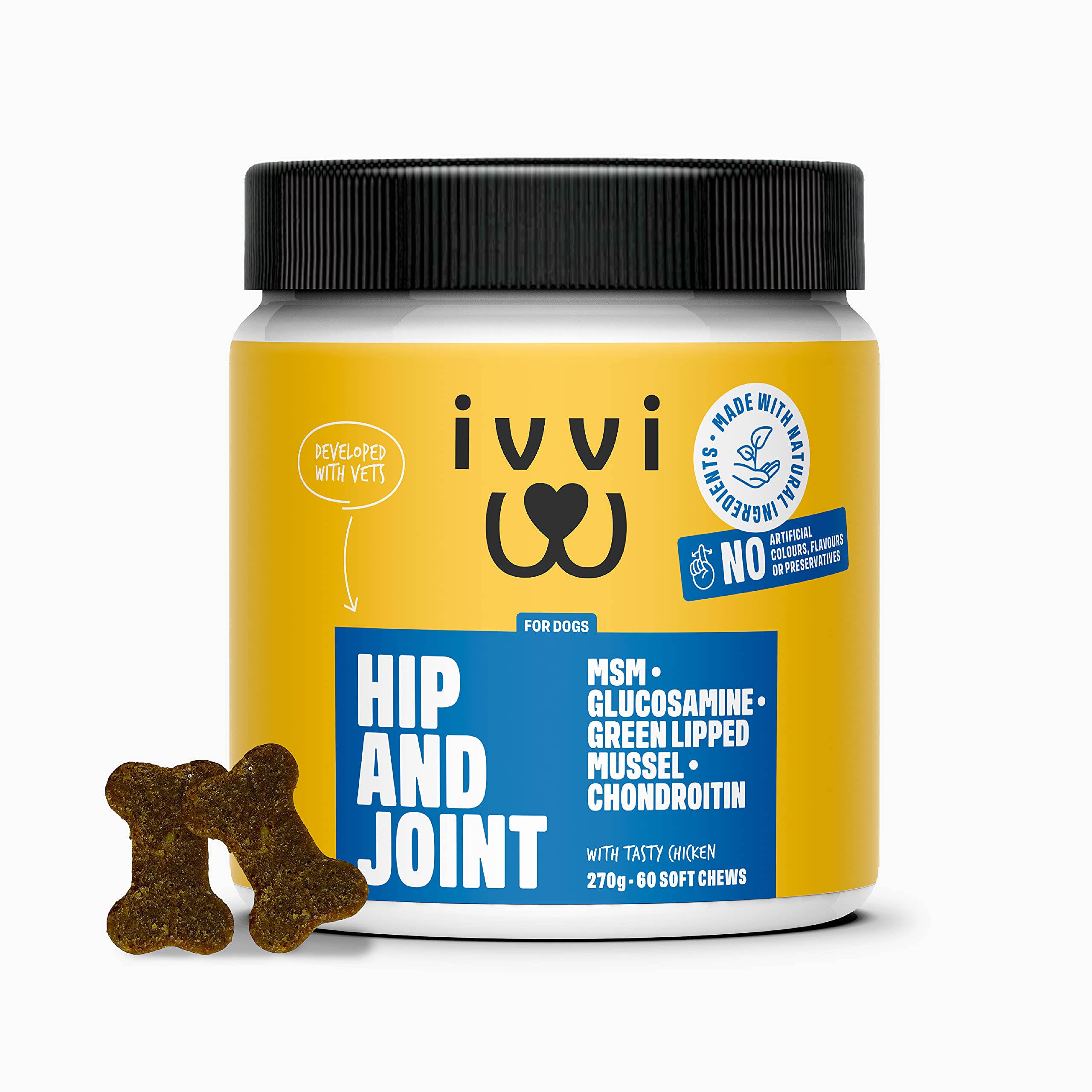 ivvi HIP & JOINT Supplements for Dogs with High Levels of Glucosamine for Dogs, Chondroitin, MSM & Green Lipped Mussel for Dogs – Arthritis Dog Supplement - 60 Tasty Soft Chews with Chicken